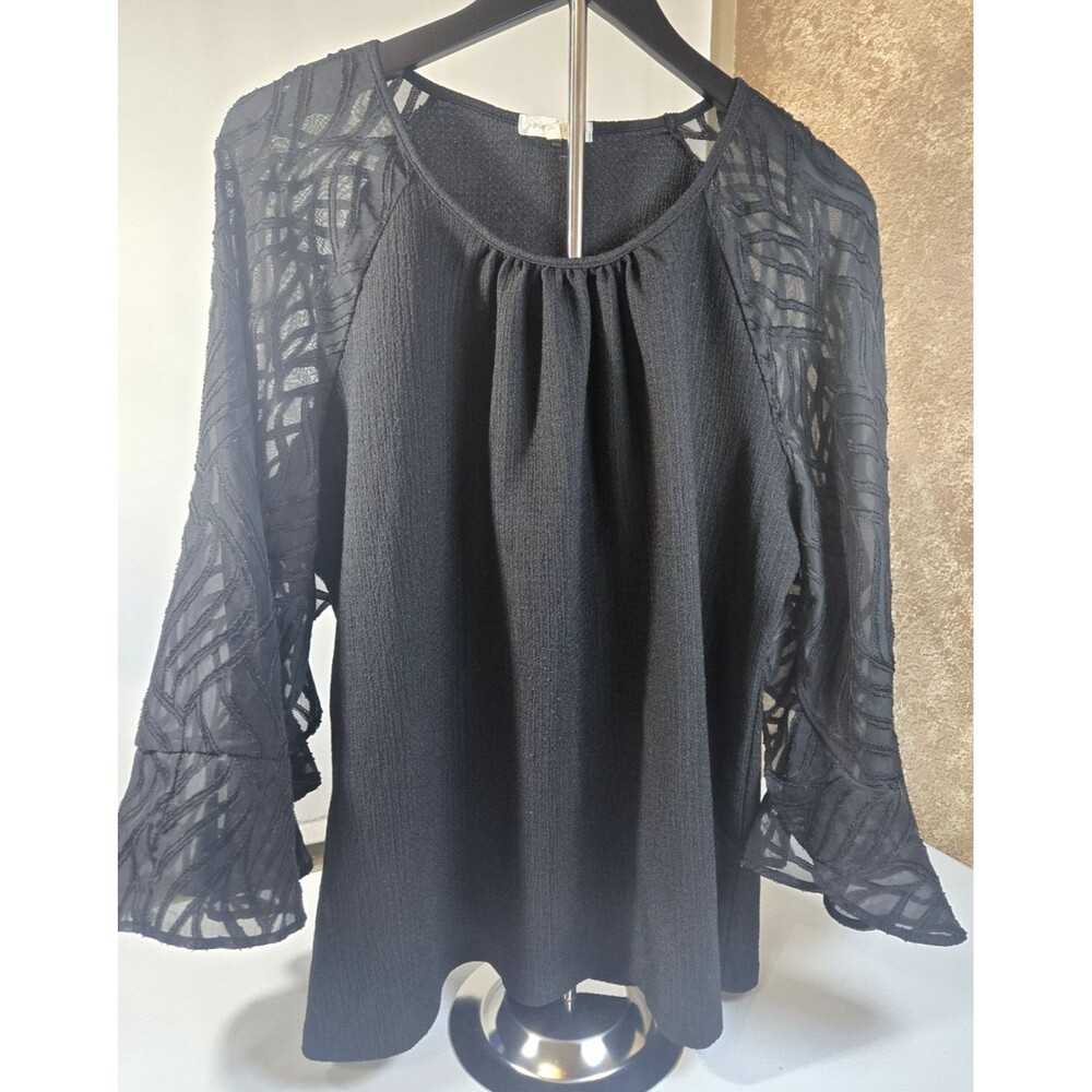 Joie De Vivre Women's Plus Size Black Blouse 3/4 Lace Sleeves Sz 1X